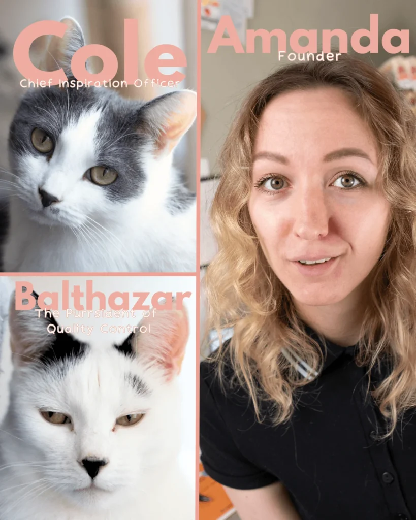 Katten Cole, Balthazar och ägaren Amanda Ström till stickcatsstickers.com