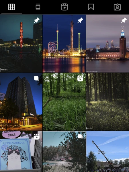Instagramflöde med 6 olika bilder, några med skog och träd, andra med stadsbyggnader från Stockholm.