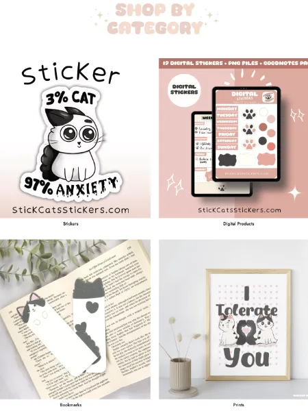 Fyra små bilder i en bild med katt-tema.